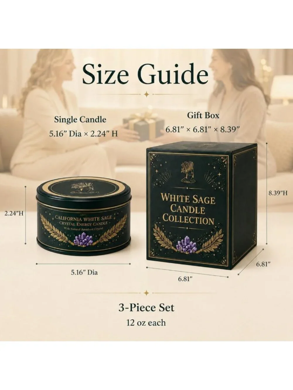 Cleansing Sage Candle Set - 3 Pack Scented Jar Candles with Healing Crystals